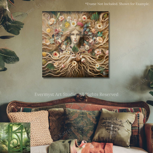 a painting of a woman's face on a wall above a couch