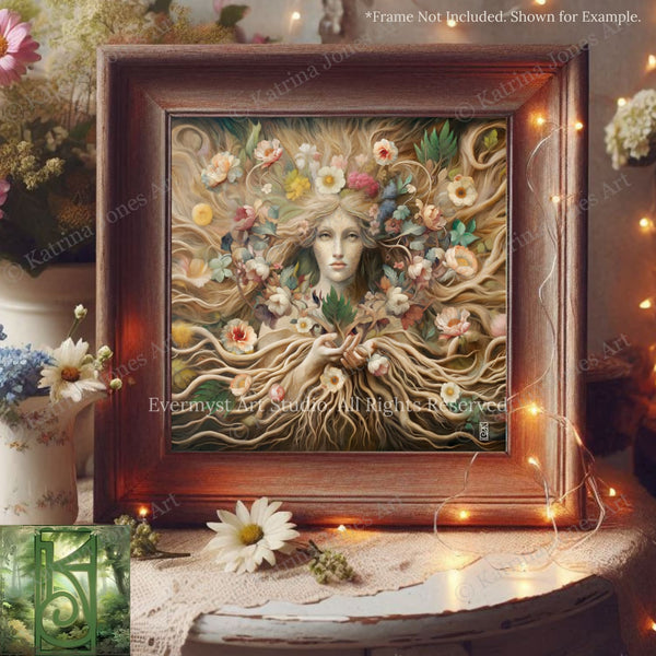 a painting of a woman surrounded by flowers