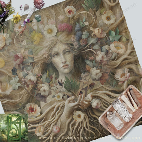 a painting of a woman surrounded by flowers