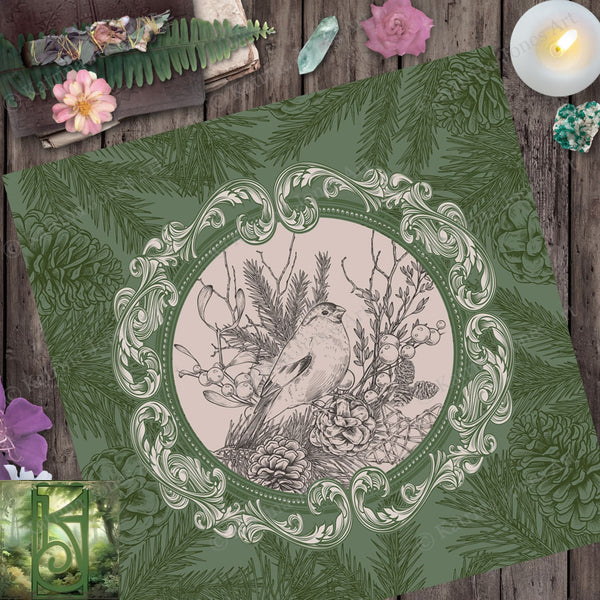 Woodland Bird Altar Cloth - Green Tarot Reading Mat Witch Decor Square
