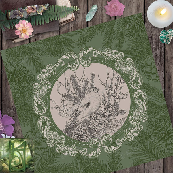 Woodland Bird Altar Cloth - Green Tarot Reading Mat Witch Decor Square