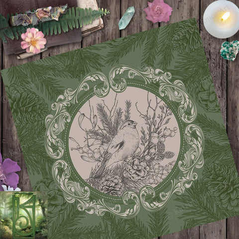 Woodland Bird Altar Cloth - Green Tarot Reading Mat Witch Decor Square