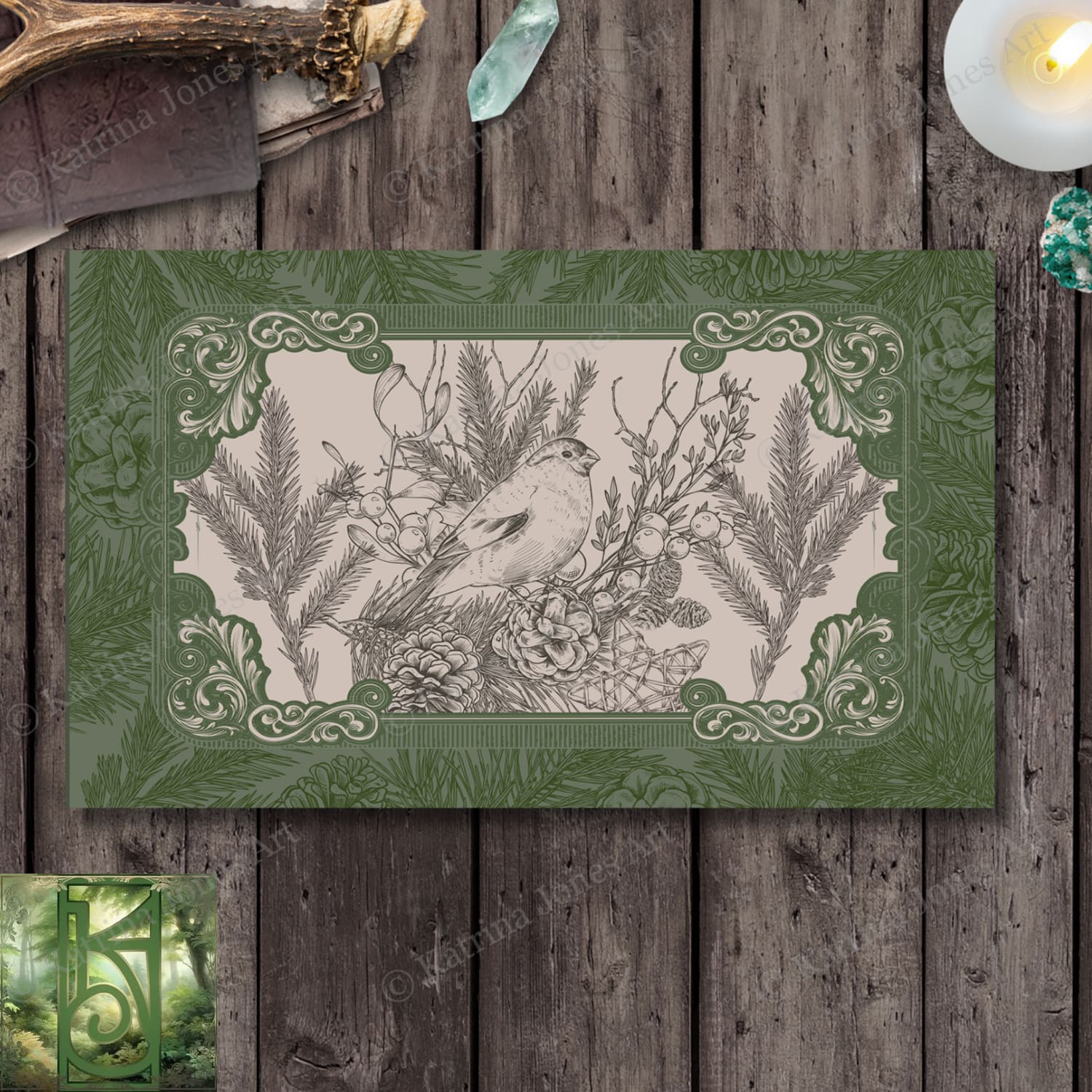 Woodland Bird Green Altar Cloth Tarot Reading Mat - Witch Decor Rec