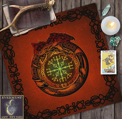 Norse Altar Tarot Cloth - Jrmungandr Dragon Symbol And Runes Pagan Decor Square