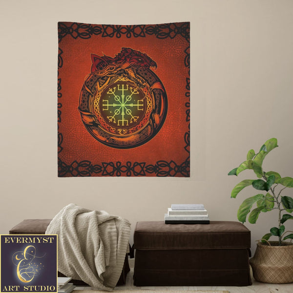 Norse Altar Tarot Cloth - Jrmungandr Dragon Symbol And Runes Pagan Decor Square