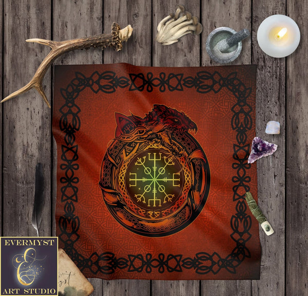 Norse Altar Tarot Cloth - Jrmungandr Dragon Symbol And Runes Pagan Decor Square