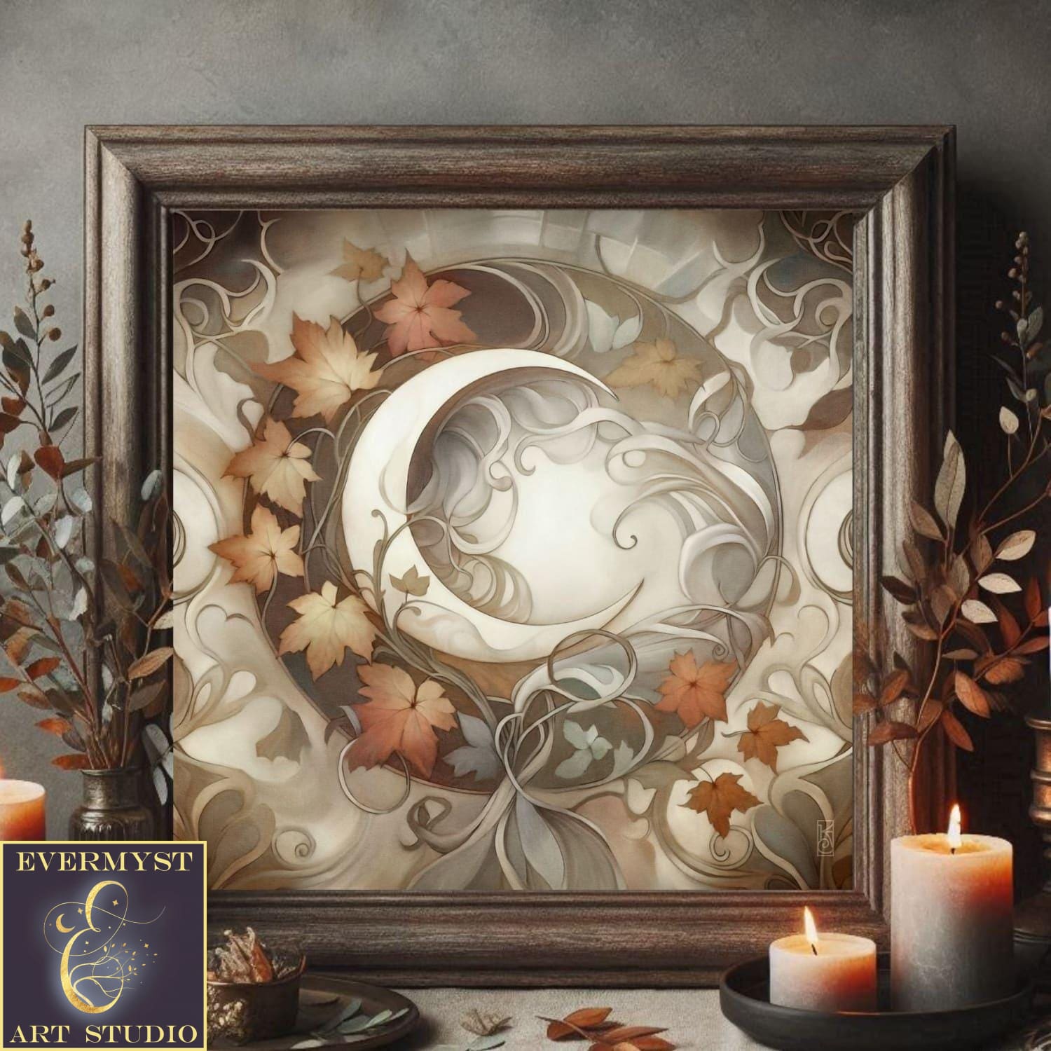 a painting of a crescent surrounded by autumn leaves