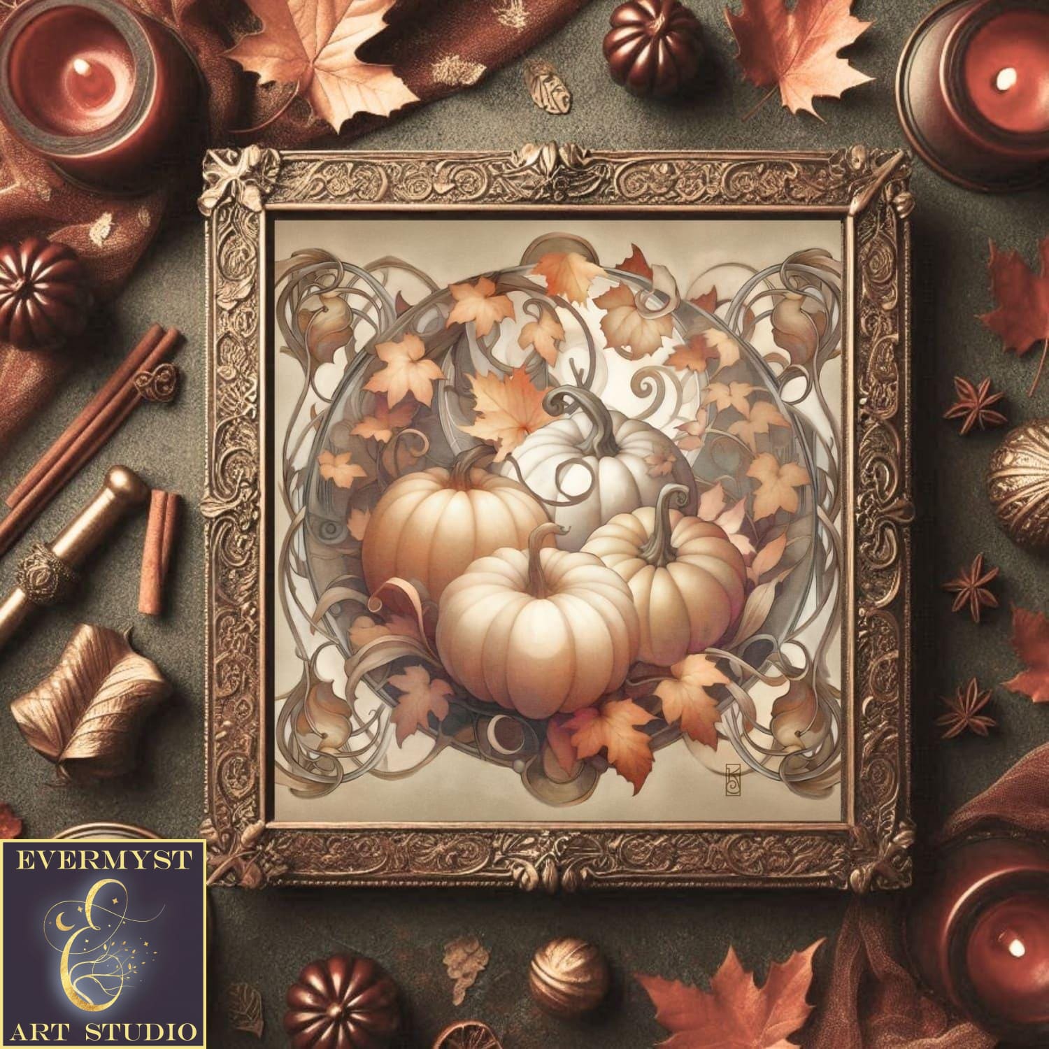 a painting of a pumpkin surrounded by autumn leaves