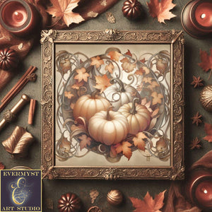 a painting of a pumpkin surrounded by autumn leaves
