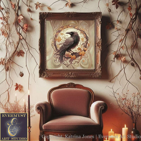 a picture of a bird on a wall above a chair