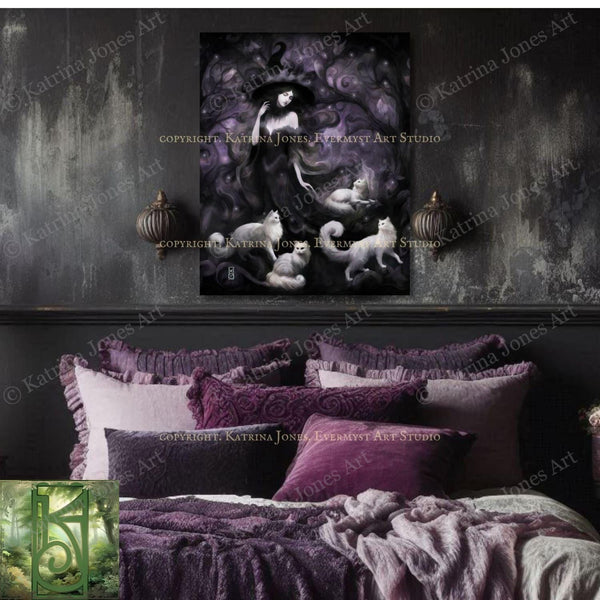 a bed with a purple comforter and pillows