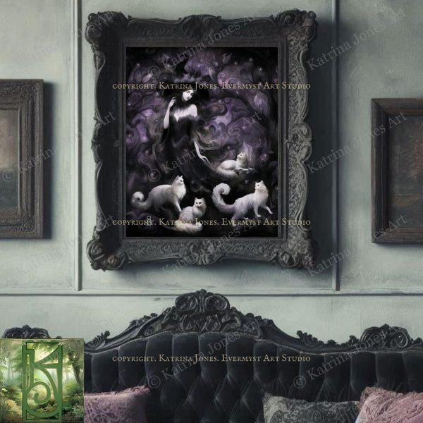 a painting of a woman and two dogs on a wall