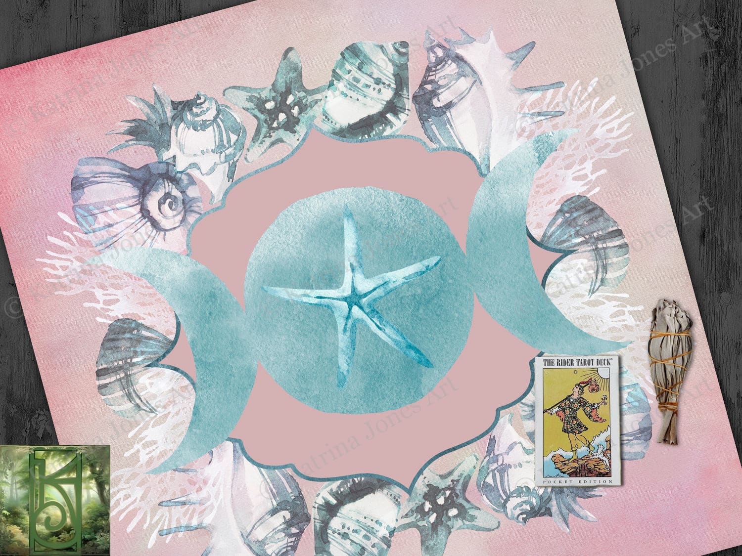 Sea Moon Water Witch Altar And Tarot Cloth - Blue Pink Handmade 22X22 Inch Twill Square