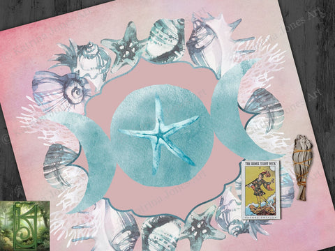 Sea Moon Water Witch Altar And Tarot Cloth - Blue Pink Handmade 22X22 Inch Twill Square
