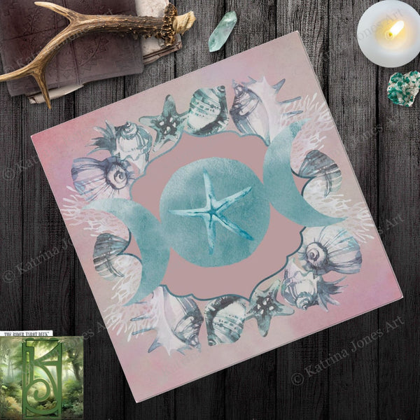 Sea Moon Water Witch Altar And Tarot Cloth - Blue Pink Handmade Square