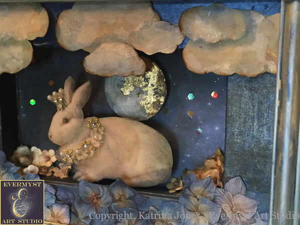 Original Art - White Moon Rabbit Framed Mixed Media | 3D Cut Paper Assemblage Shadow Box