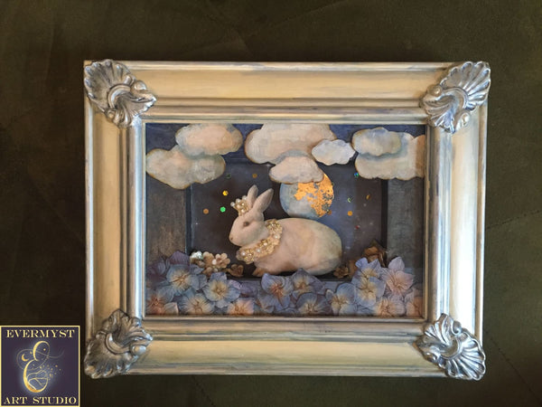 Original Art - White Moon Rabbit Framed Mixed Media | 3D Cut Paper Assemblage Shadow Box