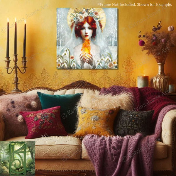 a cozy living room with a large, ornate couch adorned with colorful throw pillows. Above the couch, a framed painting of a woman with red hair and a halo is displayed on the wall. The room also includes a candelabra, a vase of flowers, and a fireplace, creating a warm and inviting atmosphere.