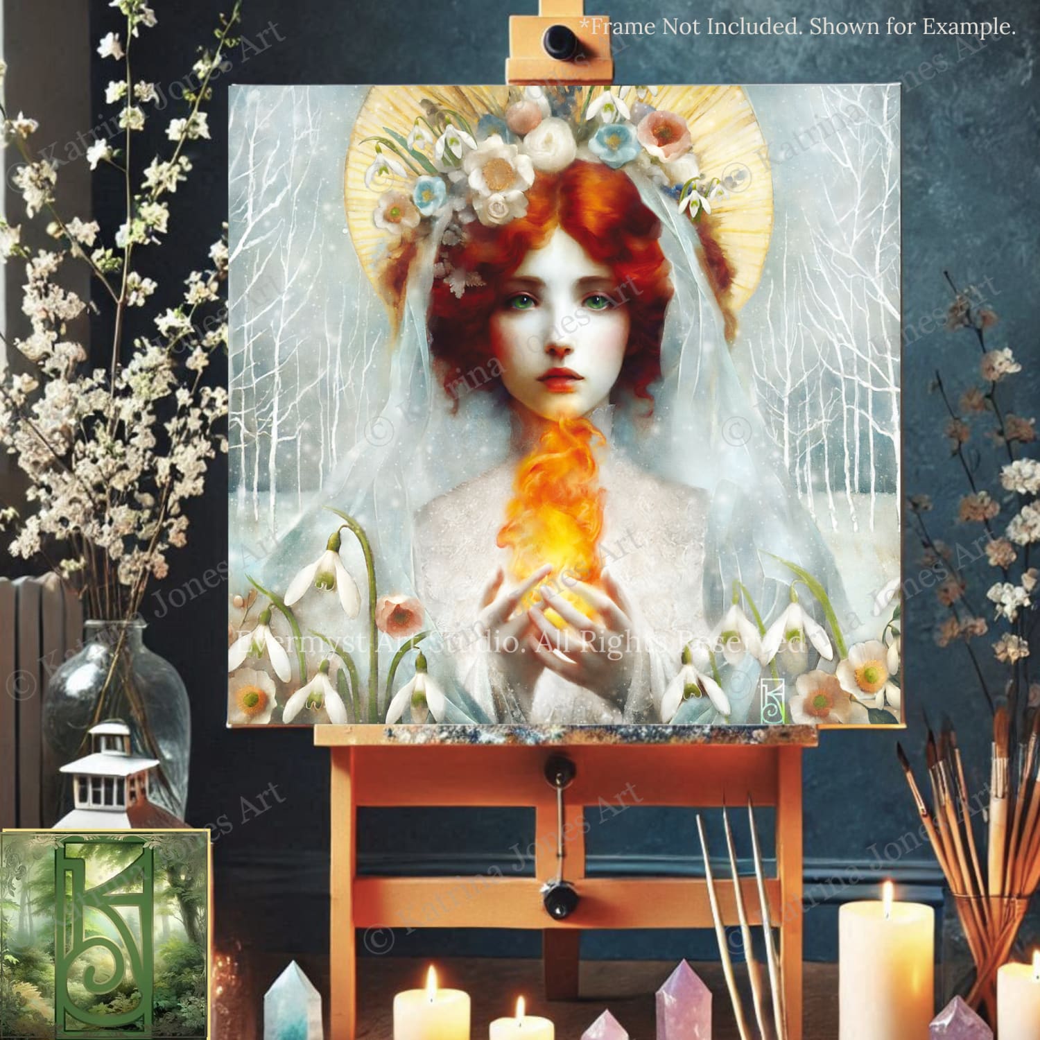 a painting of a woman with red hair and a white veil, holding a yellow flower, surrounded by flowers and a halo. The painting is displayed on an easel, and there are candles and a vase with flowers in the background.