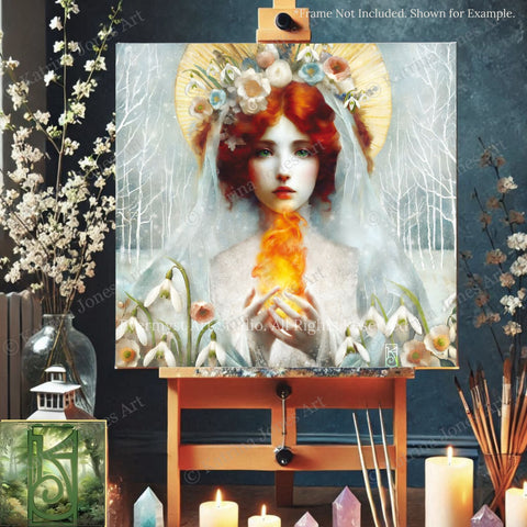 a painting of a woman with red hair and a white veil, holding a yellow flower, surrounded by flowers and a halo. The painting is displayed on an easel, and there are candles and a vase with flowers in the background.