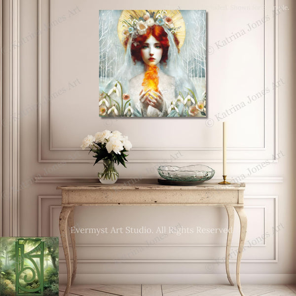 a painting of a woman with red hair and a halo, surrounded by flowers and a vase, hanging on a wall above a small table with a bowl and a candle.