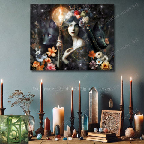 a woman with a crown of flowers, surrounded by a mystical and enchanting atmosphere. The scene includes a wolf, flowers, candles, crystals, and books, creating a sense of magic and wonder.