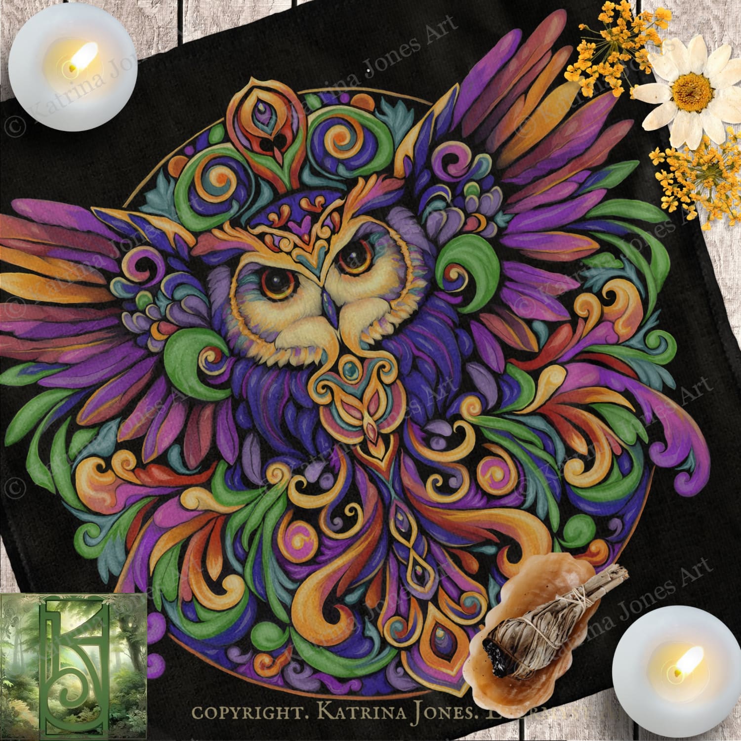 The image is a vibrant and intricate illustration of an owl, featuring a colorful and detailed design with swirling patterns and shapes in shades of purple, green, yellow, and orange. The owl is surrounded by flowers and candles, creating a visually striking and artistic composition.