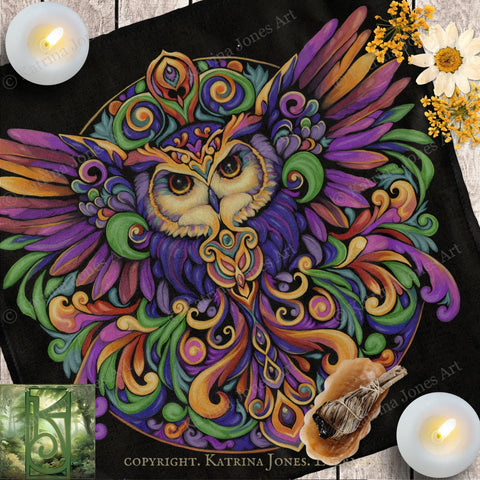 The image is a vibrant and intricate illustration of an owl, featuring a colorful and detailed design with swirling patterns and shapes in shades of purple, green, yellow, and orange. The owl is surrounded by flowers and candles, creating a visually striking and artistic composition.
