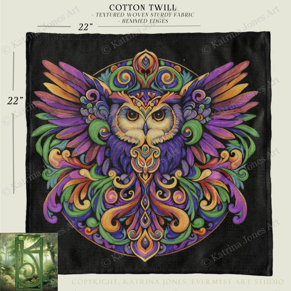 The image is a vibrant and intricate design featuring a colorful owl with detailed feathers and patterns.
