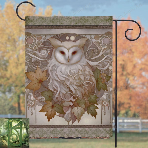 a picture of an owl with leaves on it