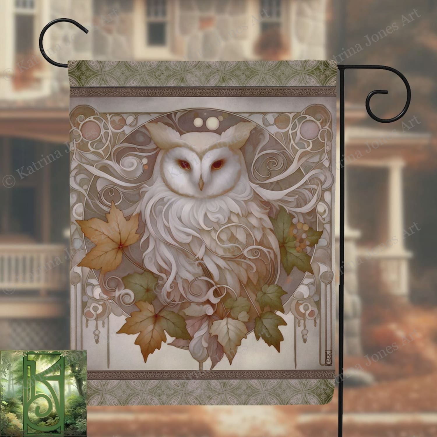 a picture of an owl with leaves on it