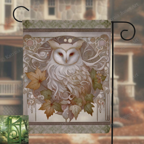 a picture of an owl with leaves on it