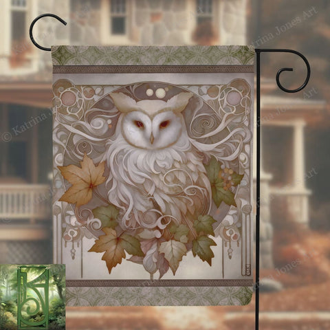 a picture of an owl with leaves on it