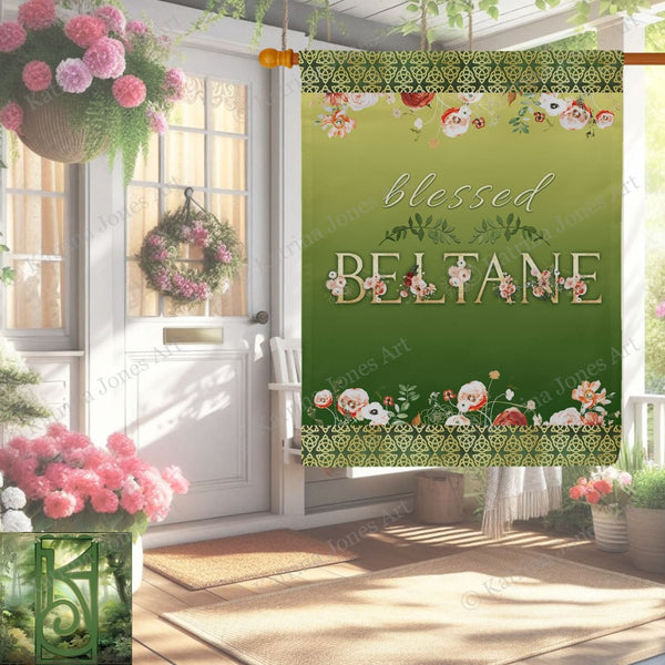 a green banner with flowers hanging from it's side