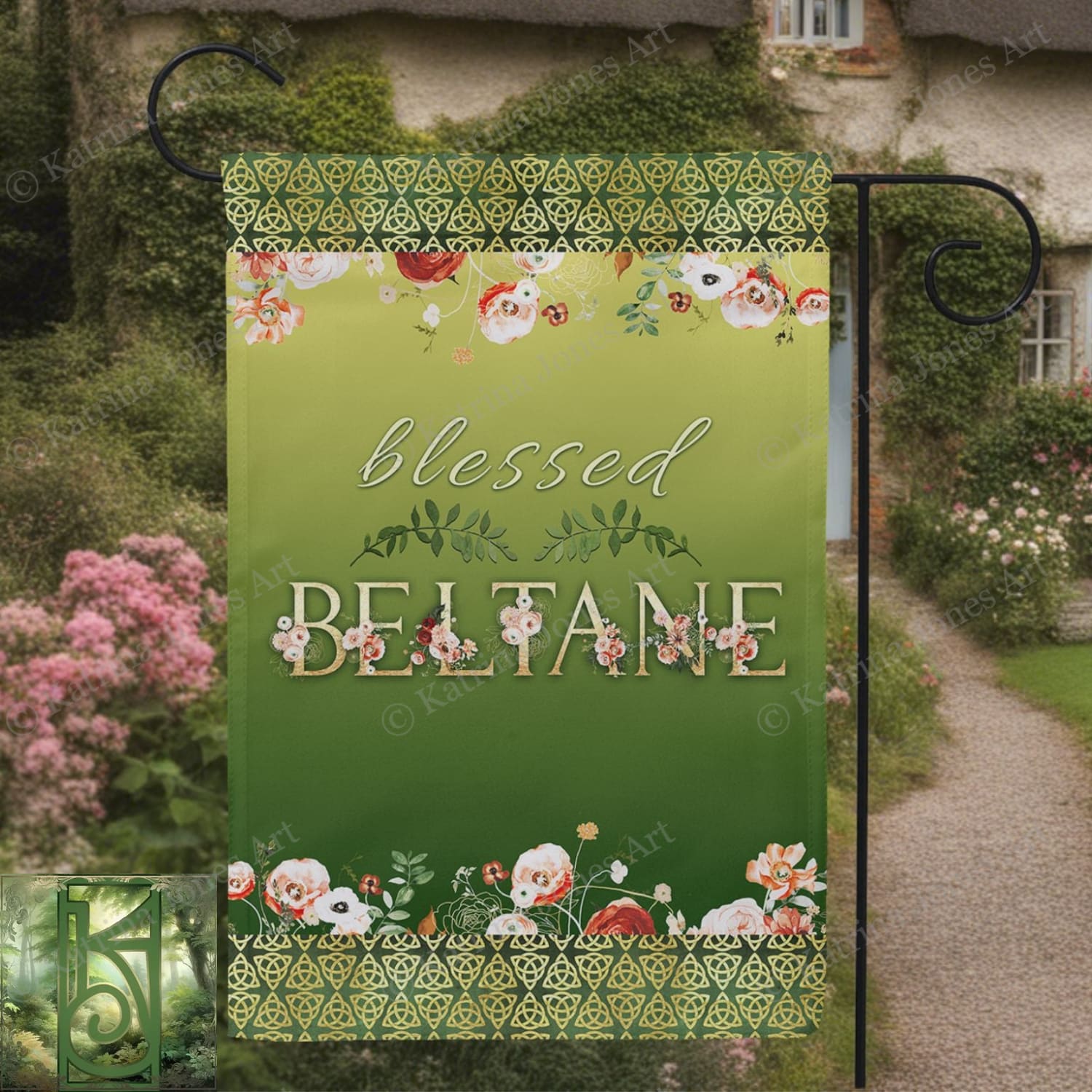 a green banner with a floral border on a path in front of a house