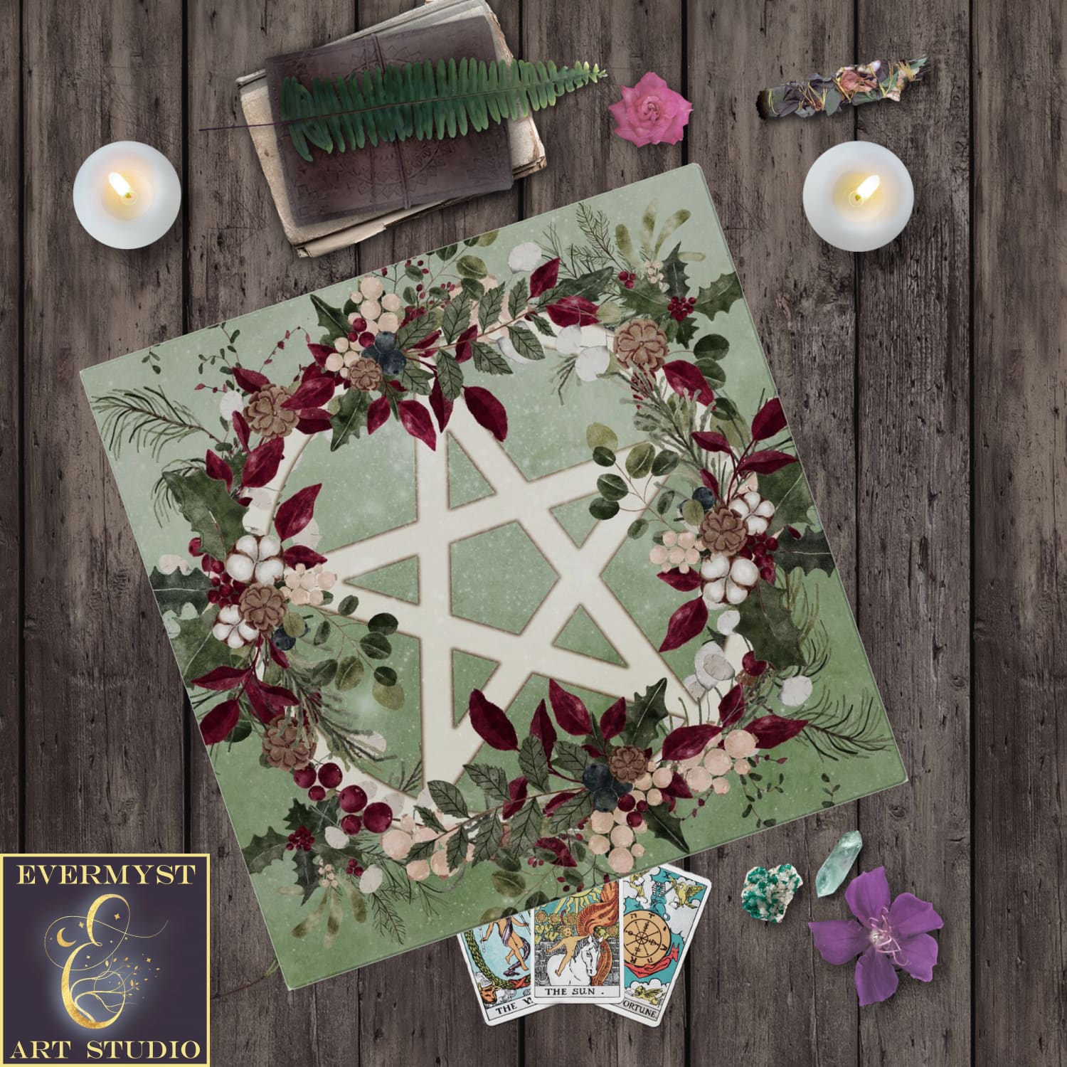 Pentacle Altar Cloth - Yule Winter Greens Witch Decor Square