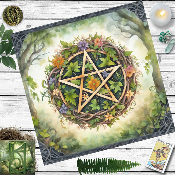 Pagan Tarot Reading Cloth - Spirit Of Earth Pentacle Altar Decor Square