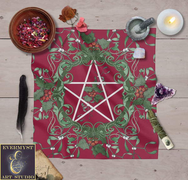 Pentacle Yule Tarot Cloth - Pagan Witch Altar Decor Square