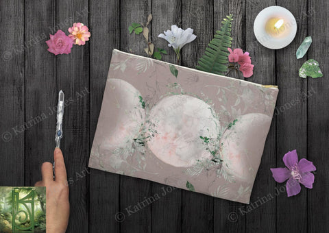 Blush And Greenery Triple Moon Goddess Accessory Zippered Pouch Purse Tarot Oracle Deck Makeup Zip