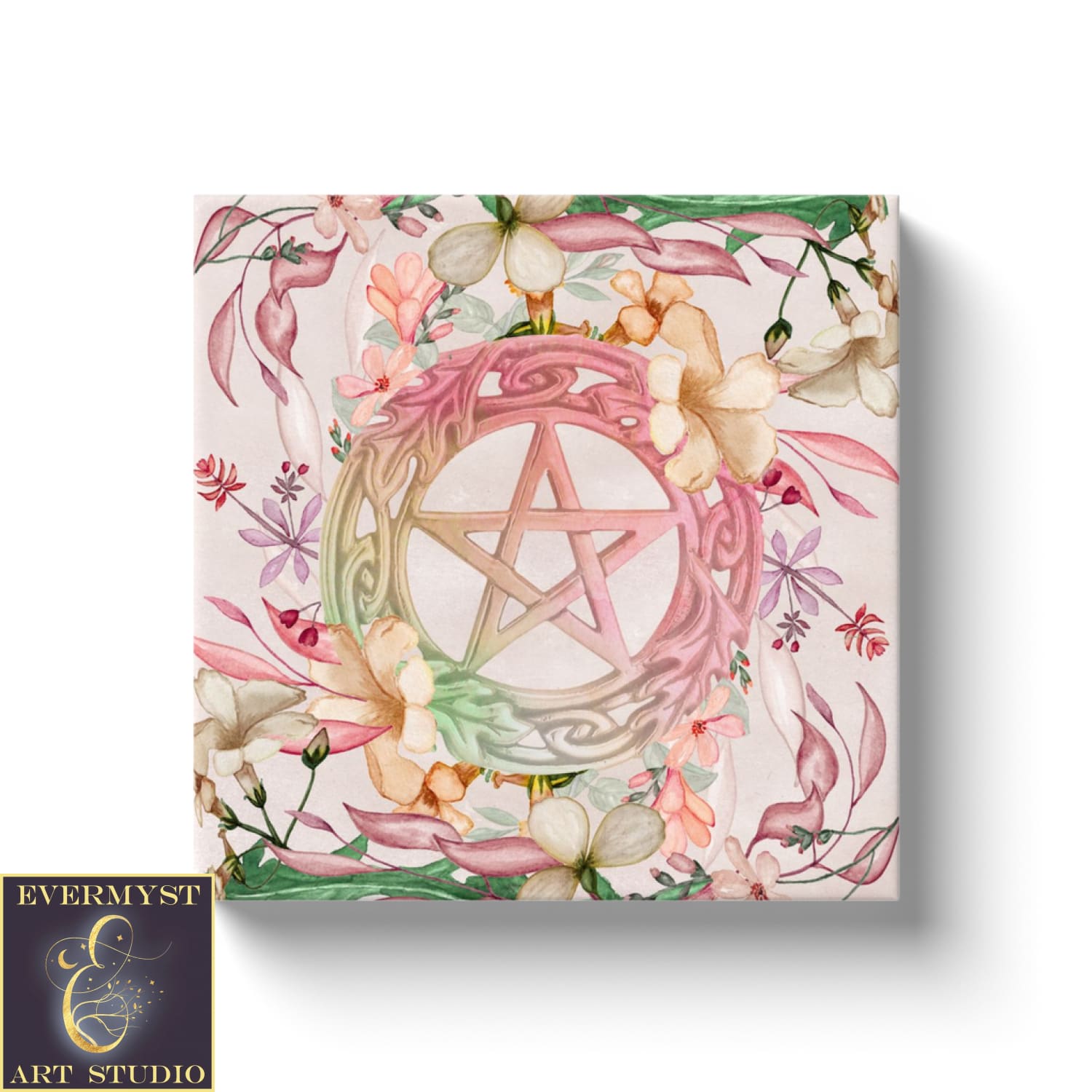 Pink Floral Pentacle Canvas Art Witchy Decor Wicca 12X12 Inch