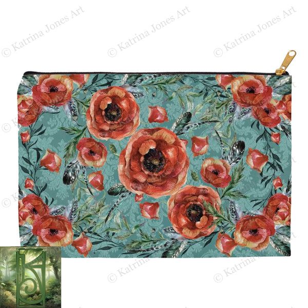 Poppy Floral Pattern Accessory Pouches Boho Flowers Witch Wicca Pagan Decor Zippered Tarot Bag Pouch
