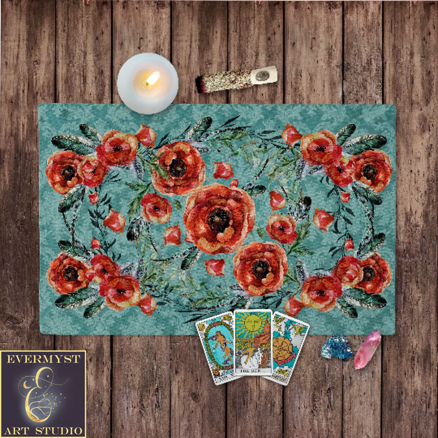 Poppy Floral Pattern Tarot Cloth Altar Rectangular Cotton Twill Rec