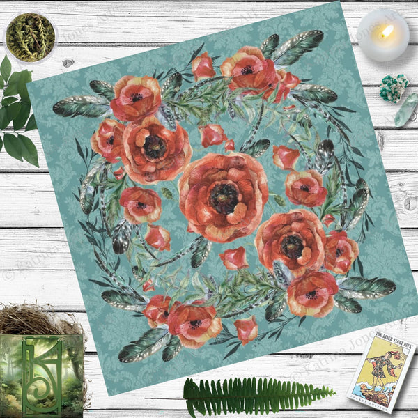 Tarot Cloth Altar Boho Red Flowers Witchy Decor Square