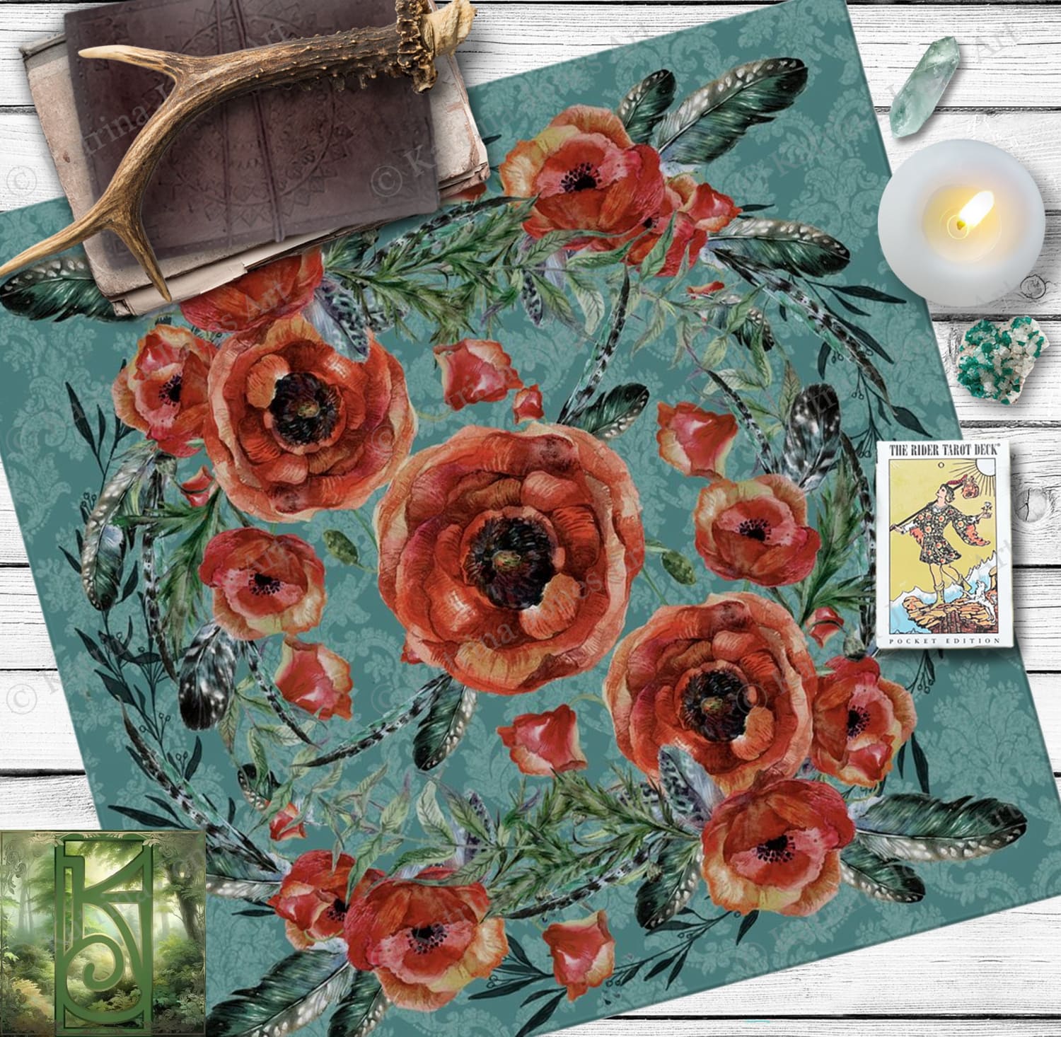 Tarot Cloth Altar Boho Red Flowers Witchy Decor Square