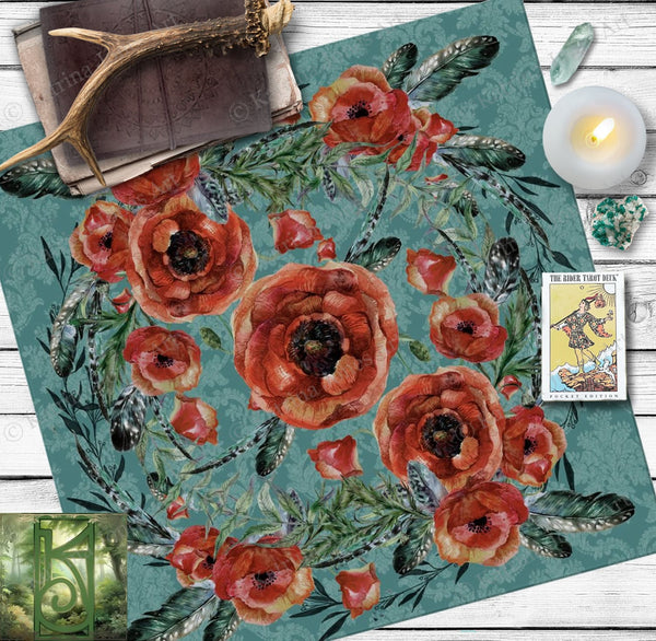 Tarot Cloth Altar Boho Red Flowers Witchy Decor Square