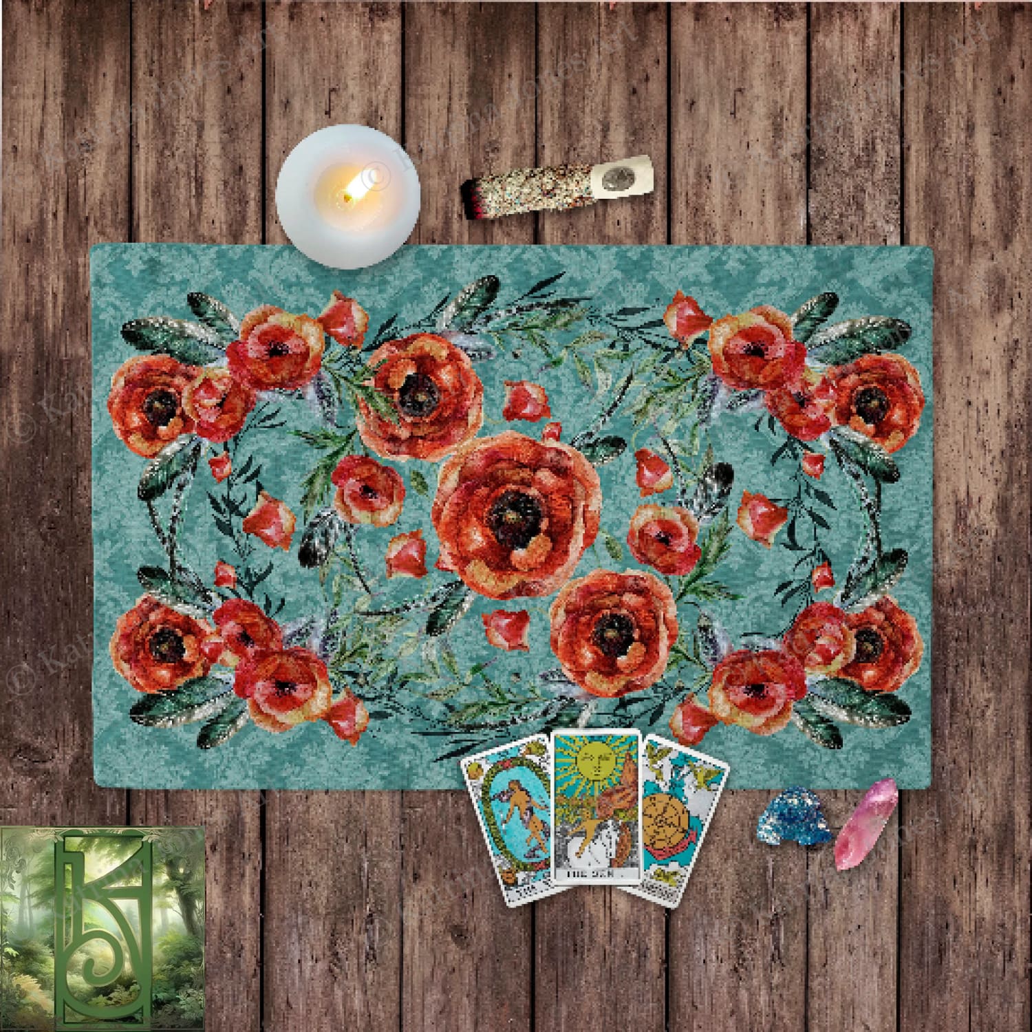 Poppy Floral Pattern Tarot Cloth Altar Rectangular Cotton Twill Rec