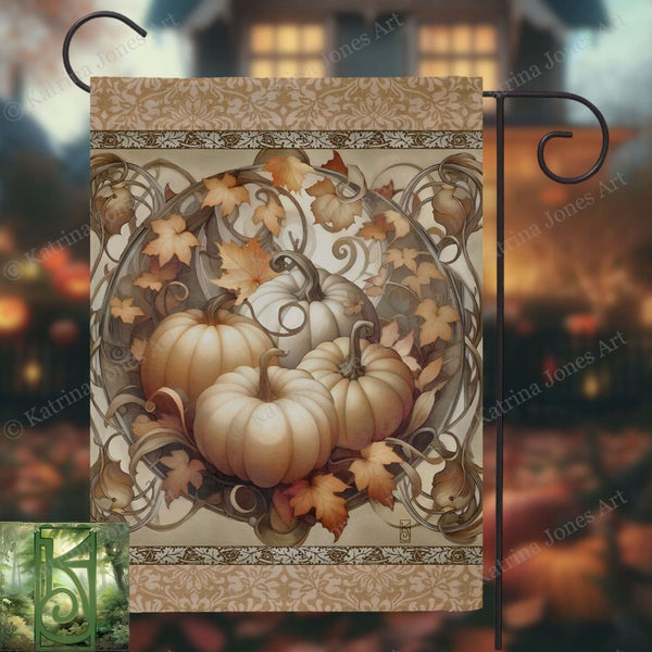 a picture of a fall scene with pumpkins and leaves