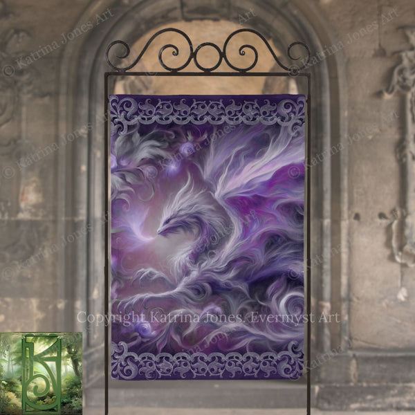 a large, vibrant painting of a purple dragon with flowing, ethereal wings. The dragon is depicted in a dynamic pose, with its wings spread wide and its body twisted in an impressive display of power and grace. The painting is set against a backdrop of a stone archway, adding a sense of grandeur and majesty to the scene. The dragon's purple color contrasts beautifully with the stone archway, creating a striking visual effect.