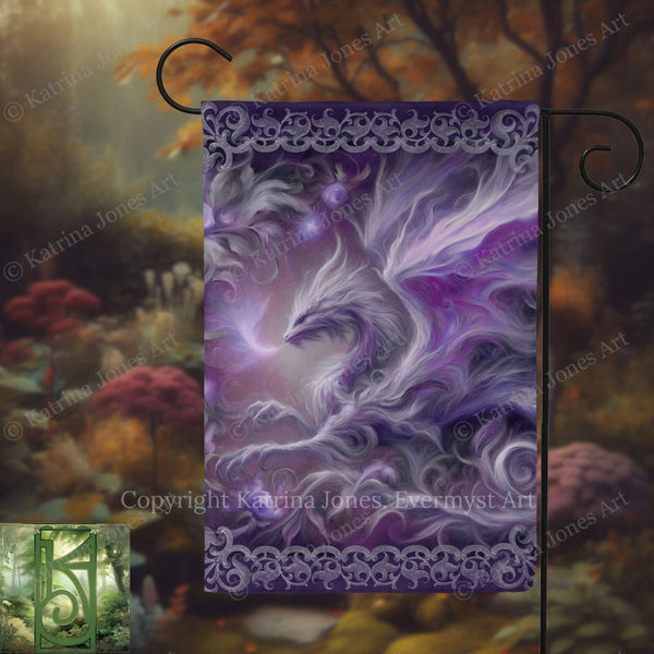 A vibrant purple dragon-like creature with flowing, ethereal wings is depicted against a backdrop of lush, colorful foliage in this artistic rendering.