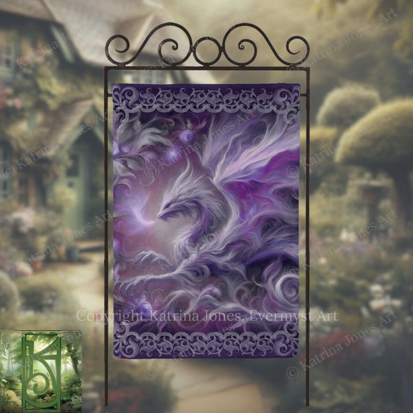 a large, purple dragon with flowing, ethereal wings, set against a backdrop of a garden with a house and trees.